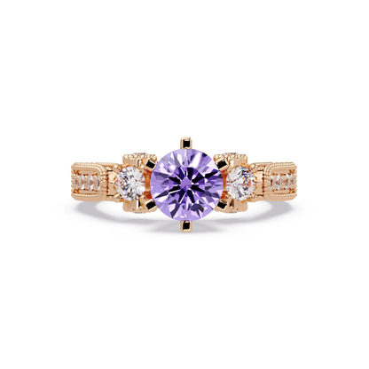 1.4 CTW Round Three-Stone Pavé Colorstone Ring with Amethyst Purple center in 14K Rose Gold – Lunéa Paris