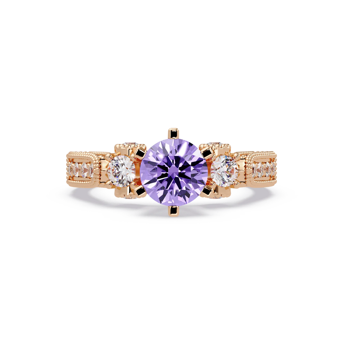 1.4 CTW Round Three-Stone Pavé Colorstone Ring with Amethyst Purple center in 14K Rose Gold – Lunéa Paris