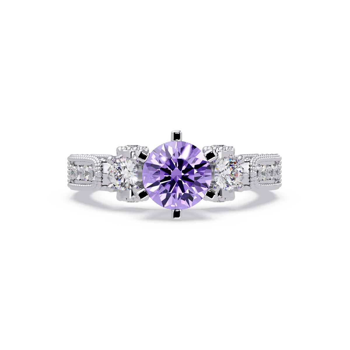 1.4 CTW Round Three-Stone Pavé Colorstone Ring with Amethyst Purple center in 14K White Gold – Lunéa Paris