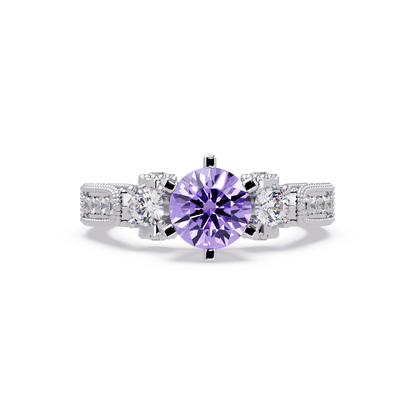 1.4 CTW Round Three-Stone Pavé Colorstone Ring with Amethyst Purple center in 14K White Gold – Lunéa Paris