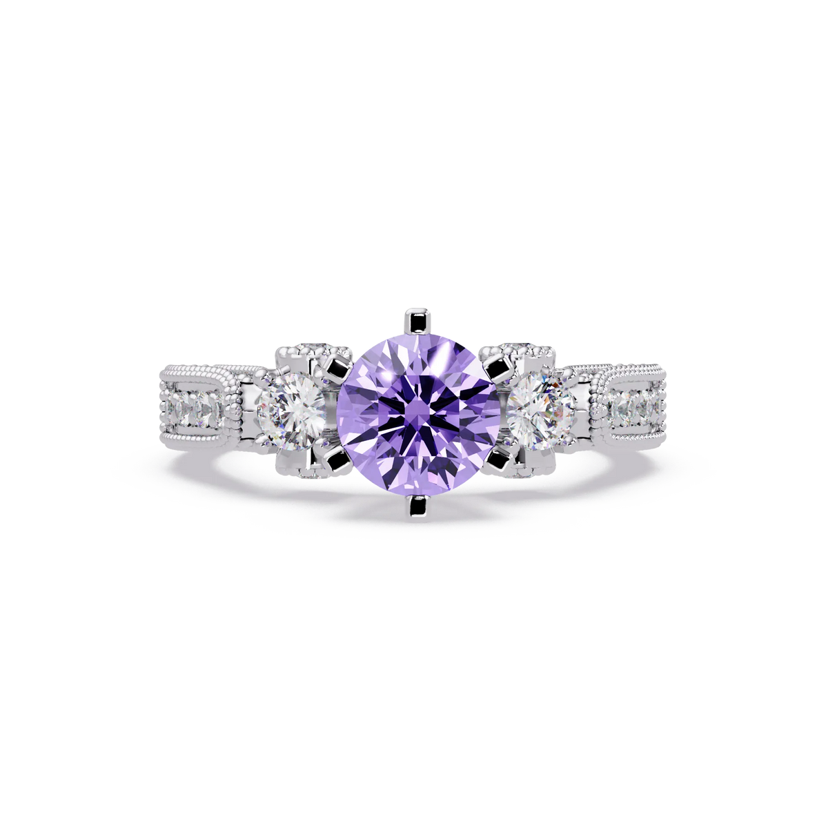 1.4 CTW Round Three-Stone Pavé Colorstone Ring with Amethyst Purple center in 14K White Gold – Lunéa Paris