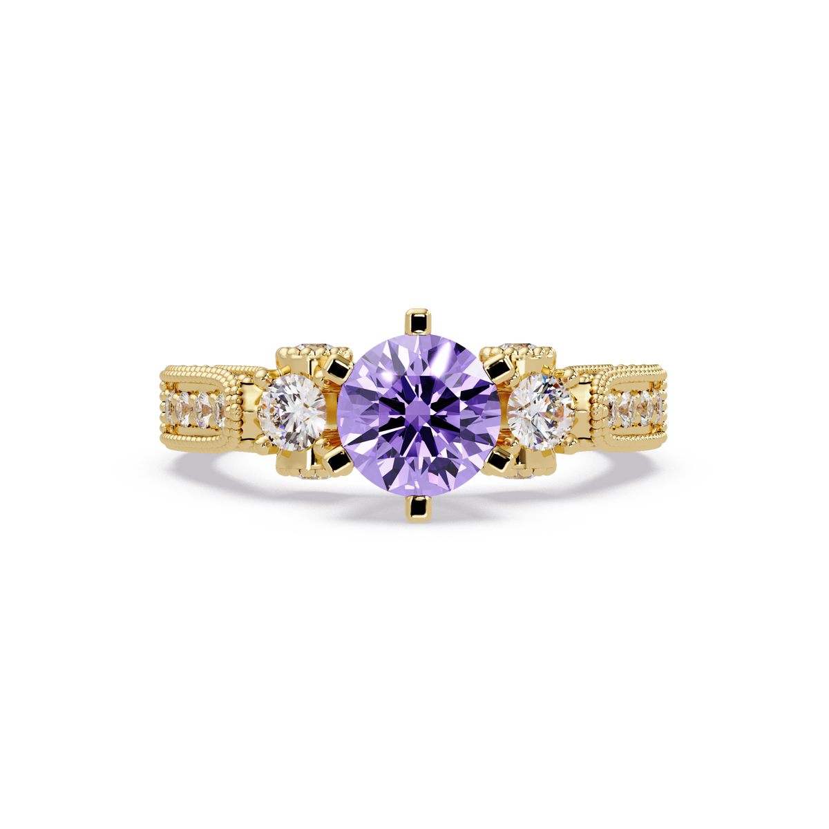 1.4 CTW Round Three-Stone Pavé Colorstone Ring with Amethyst Purple center in 14K Yellow Gold – Lunéa Paris