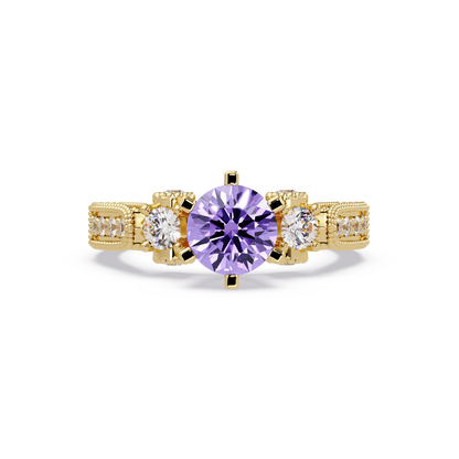 1.4 CTW Round Three-Stone Pavé Colorstone Ring with Amethyst Purple center in 14K Yellow Gold – Lunéa Paris