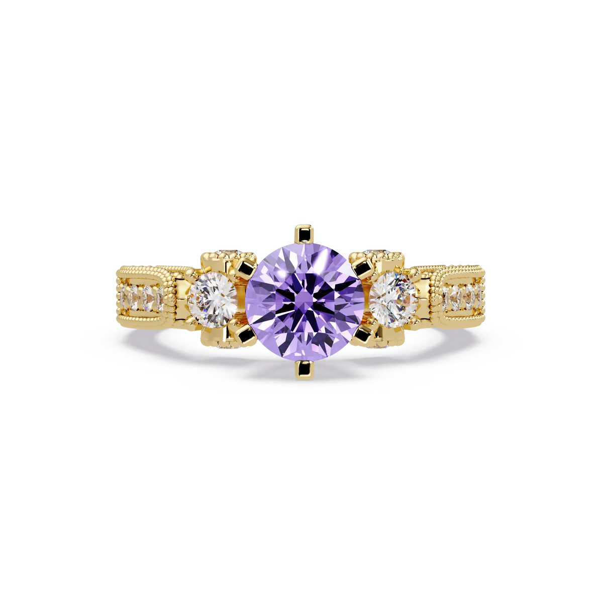 1.4 CTW Round Three-Stone Pavé Colorstone Ring with Amethyst Purple center in 14K Yellow Gold – Lunéa Paris