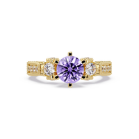 1.4 CTW Round Three-Stone Pavé Colorstone Ring with Amethyst Purple center in 14K Yellow Gold – Lunéa Paris