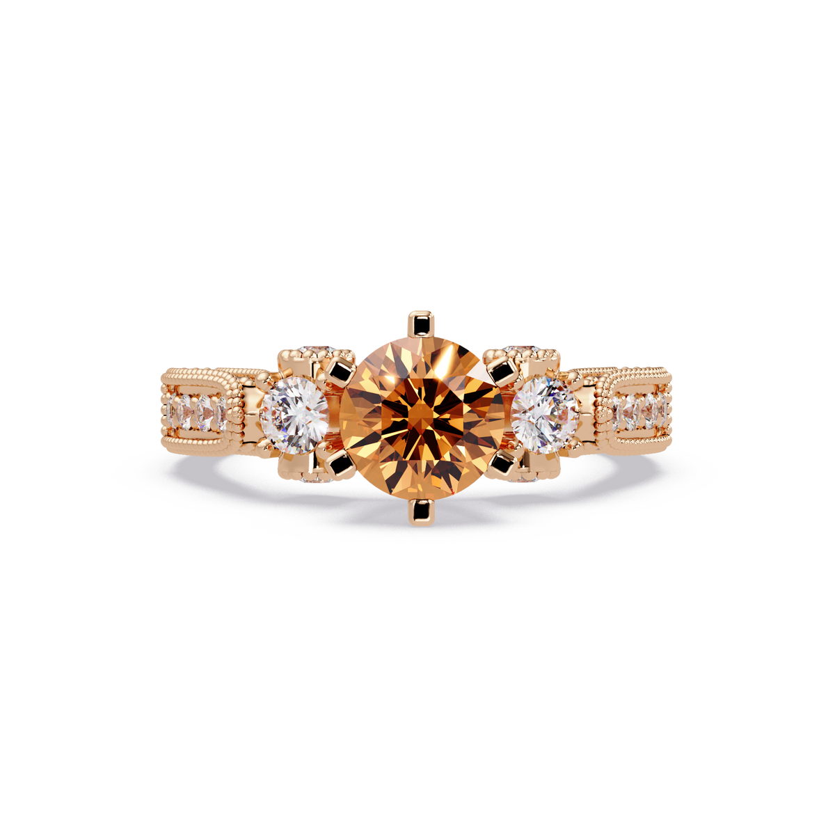 1.4 CTW Round Three-Stone Pavé Colorstone Ring with Champagne Topaz center in 14K Rose Gold – Lunéa Paris