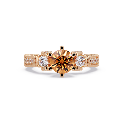 1.4 CTW Round Three-Stone Pavé Colorstone Ring with Champagne Topaz center in 14K Rose Gold – Lunéa Paris