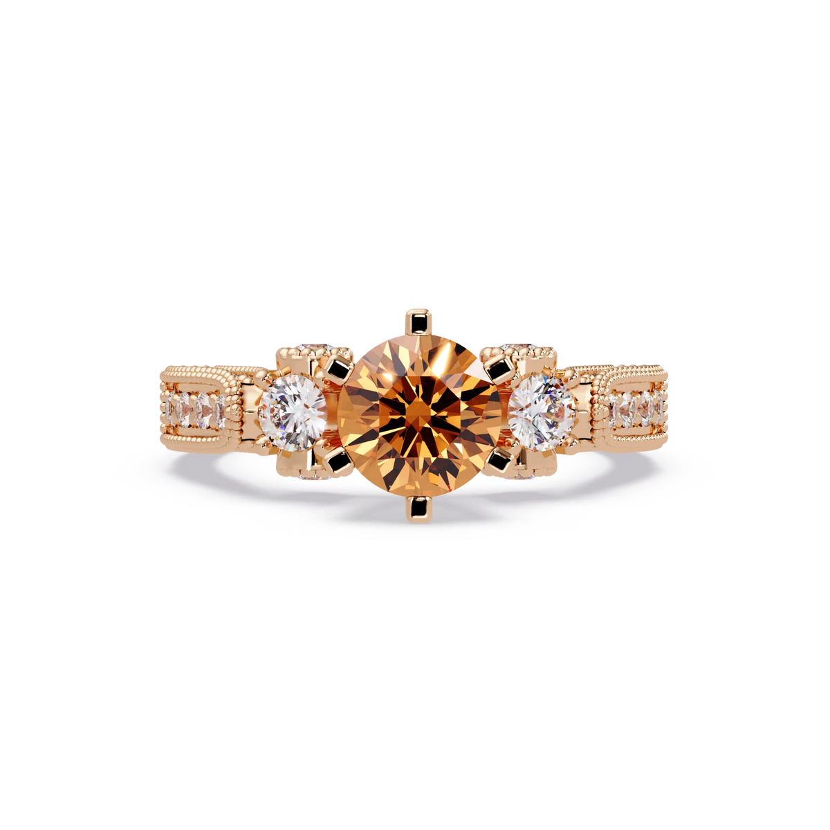 1.4 CTW Round Three-Stone Pavé Colorstone Ring with Champagne Topaz center in 14K Rose Gold – Lunéa Paris