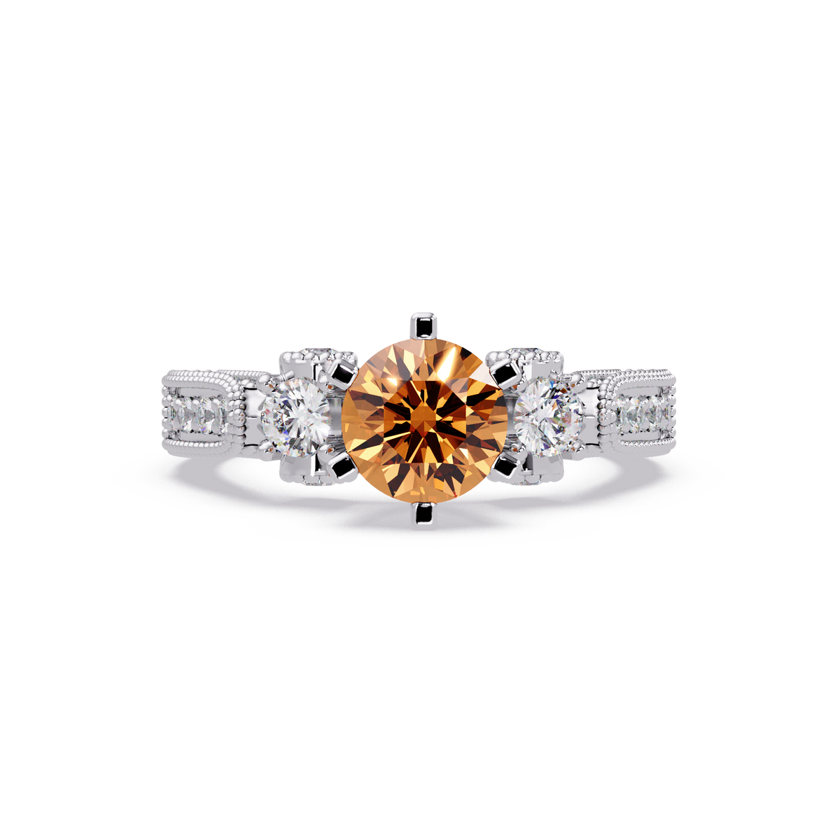 1.4 CTW Round Three-Stone Pavé Colorstone Ring with Champagne Topaz center in 14K White Gold – Lunéa Paris