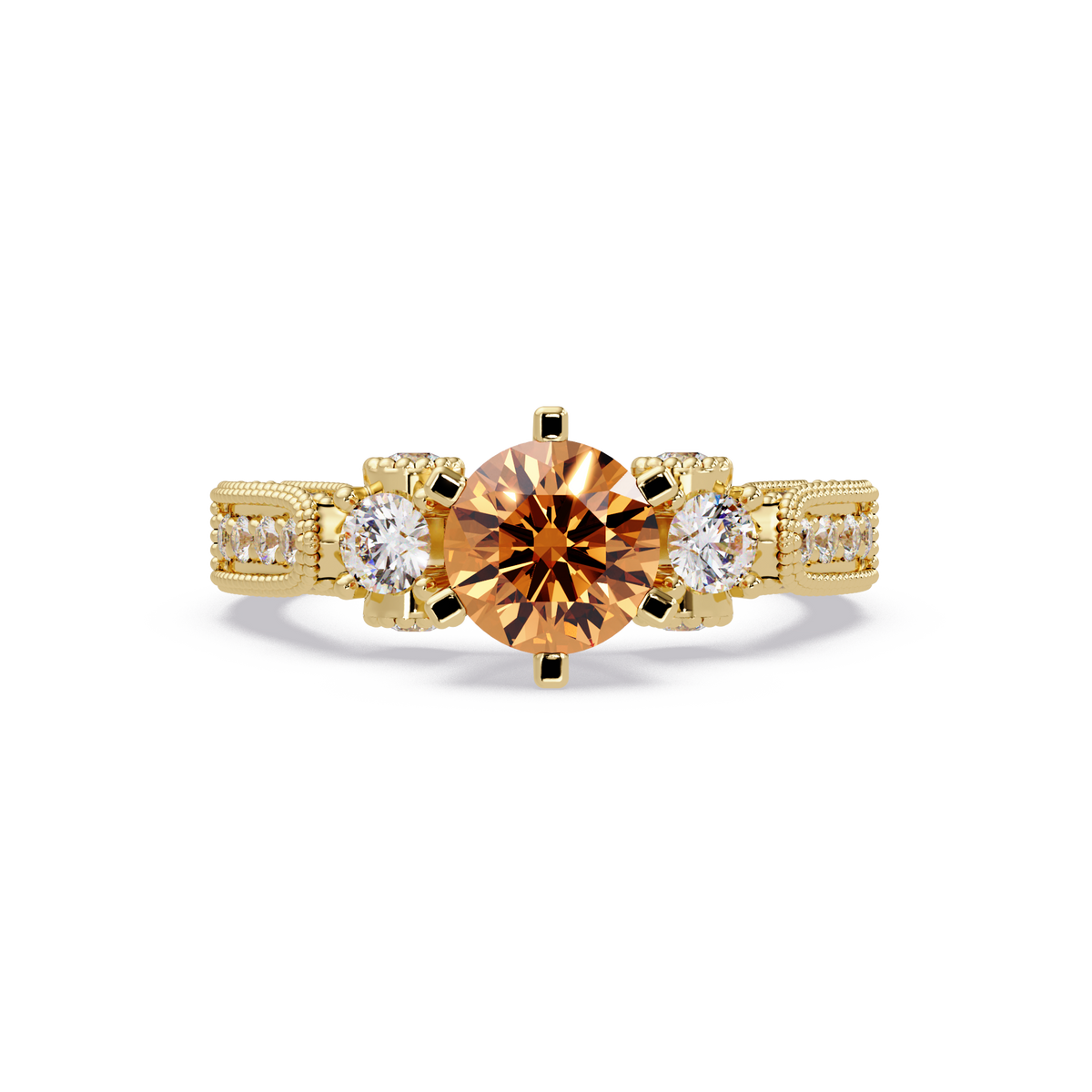 1.4 CTW Round Three-Stone Pavé Colorstone Ring with Champagne Topaz center in 14K Yellow Gold – Lunéa Paris