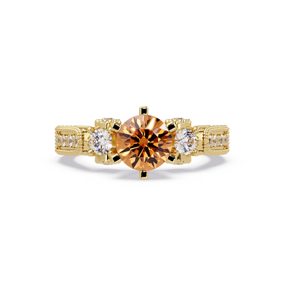 1.4 CTW Round Three-Stone Pavé Colorstone Ring with Champagne Topaz center in 14K Yellow Gold – Lunéa Paris