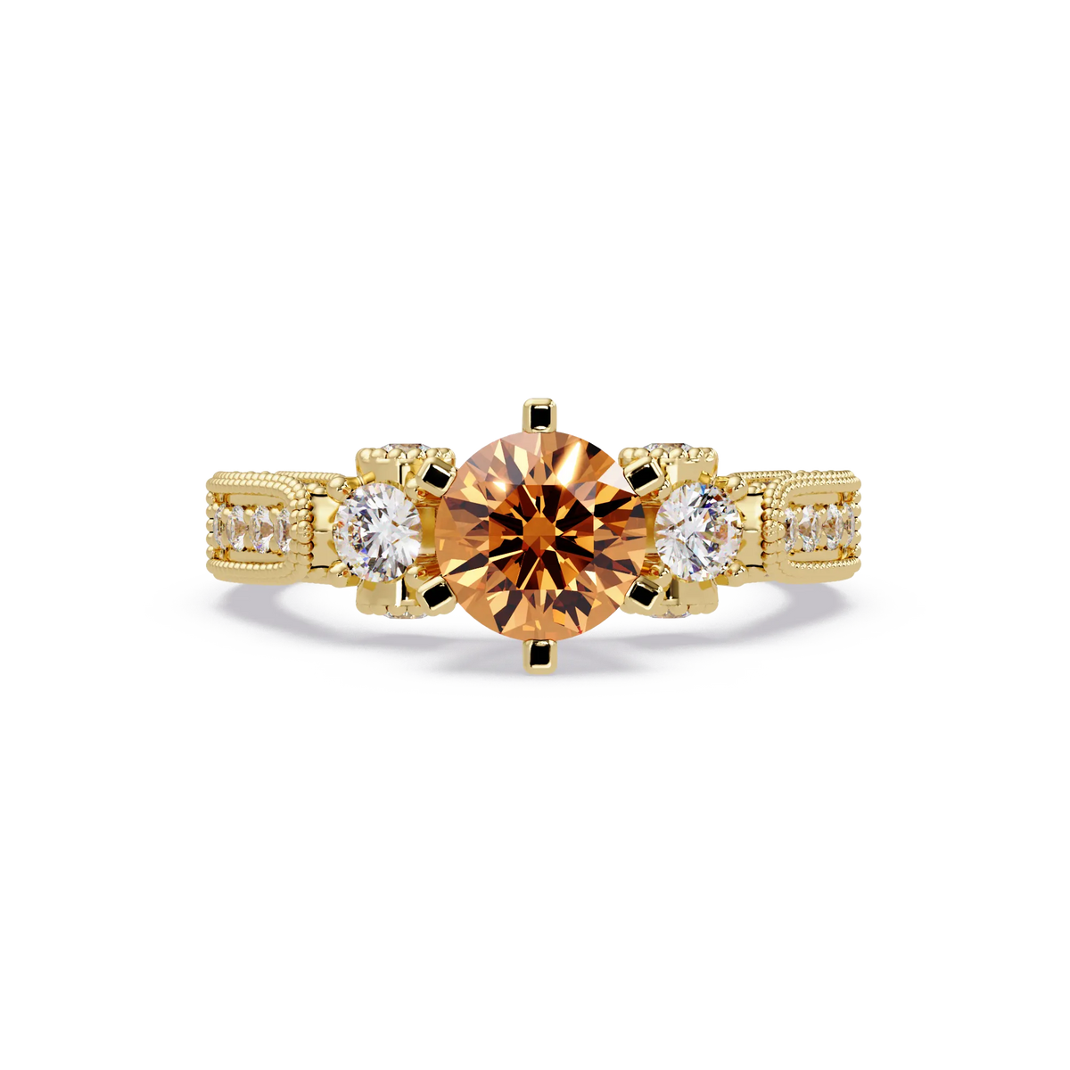 1.4 CTW Round Three-Stone Pavé Colorstone Ring with Champagne Topaz center in 14K Yellow Gold – Lunéa Paris