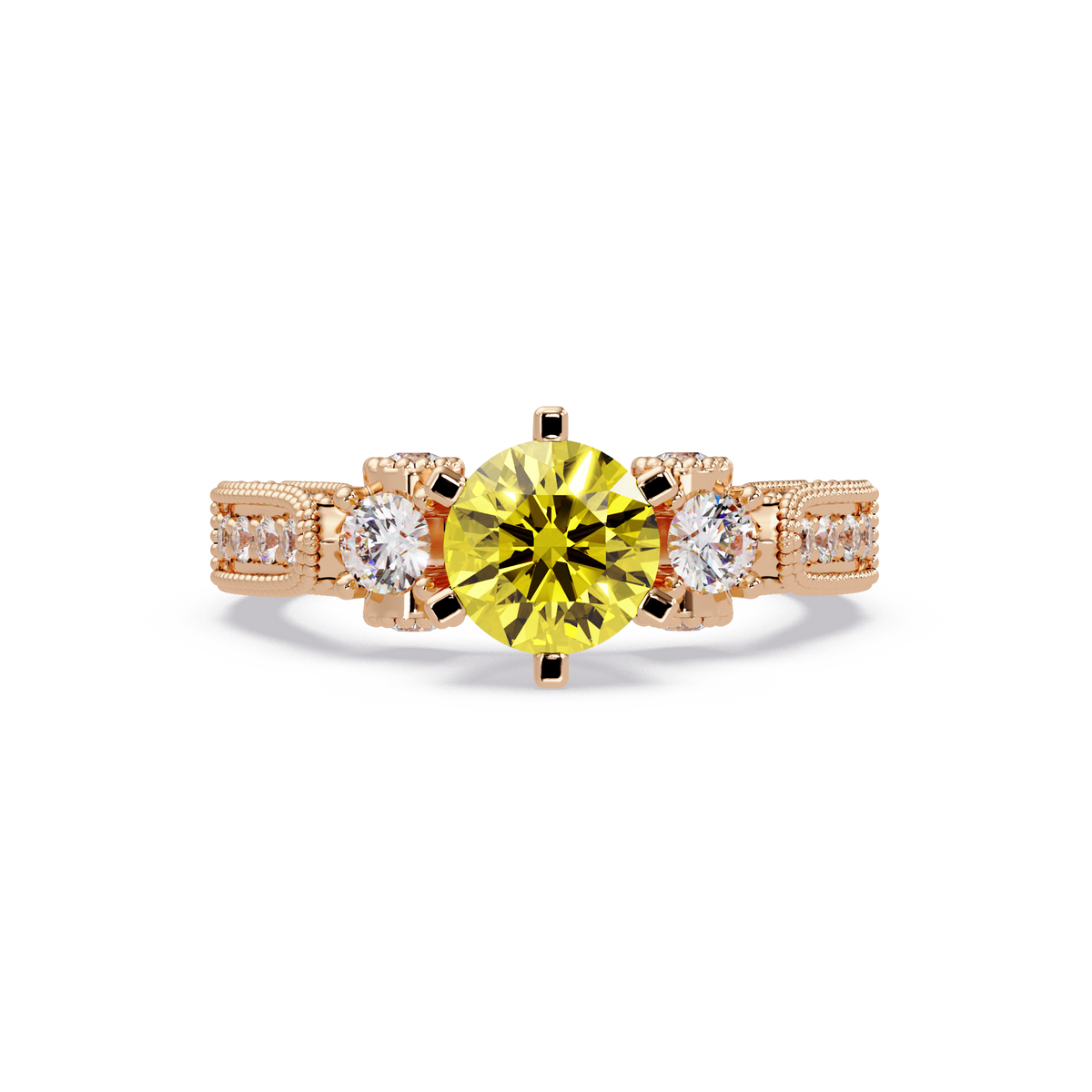 1.4 CTW Round Three-Stone Pavé Colorstone Ring with Citrine Yellow center in 14K Rose Gold – Lunéa Paris