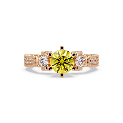 1.4 CTW Round Three-Stone Pavé Colorstone Ring with Citrine Yellow center in 14K Rose Gold – Lunéa Paris