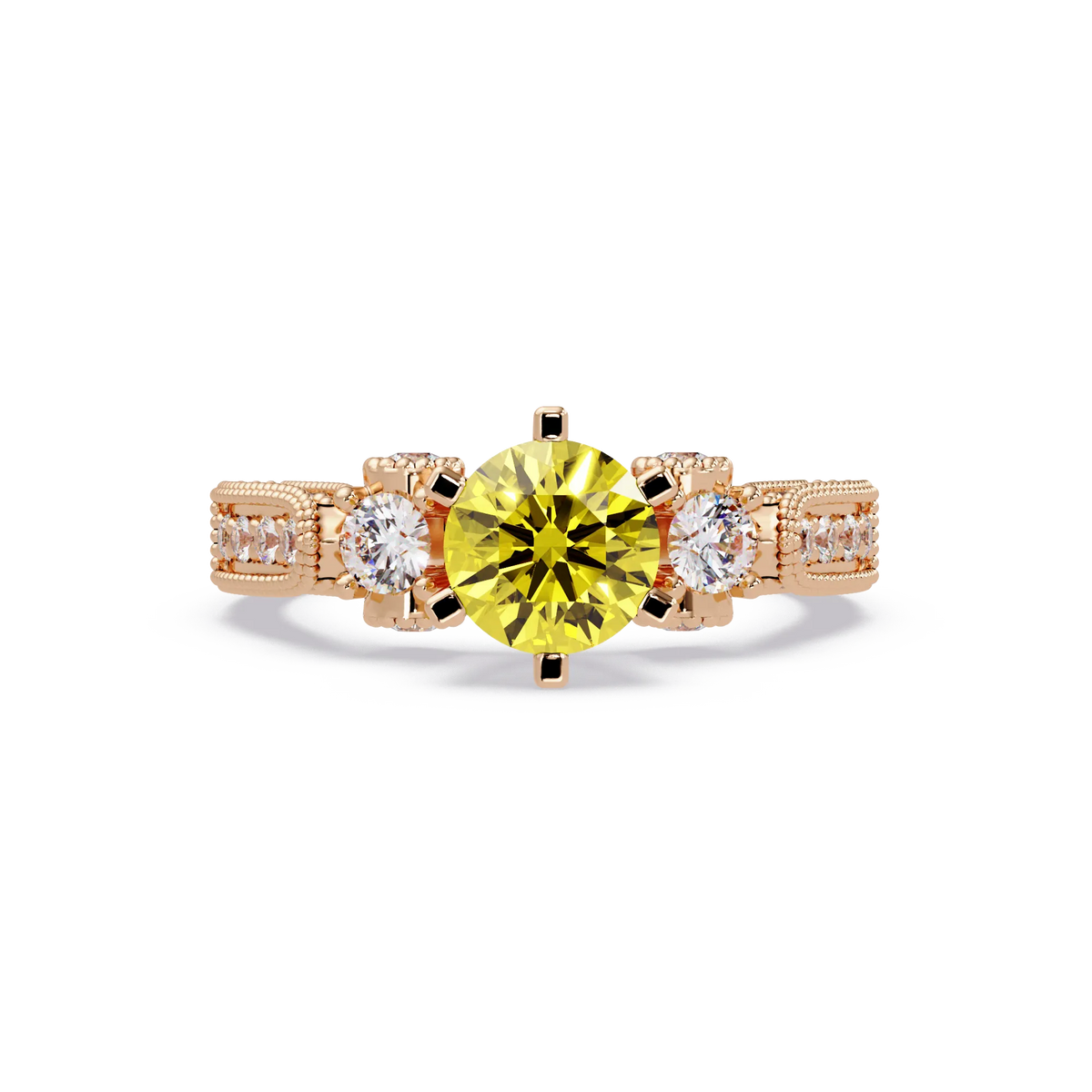 1.4 CTW Round Three-Stone Pavé Colorstone Ring with Citrine Yellow center in 14K Rose Gold – Lunéa Paris