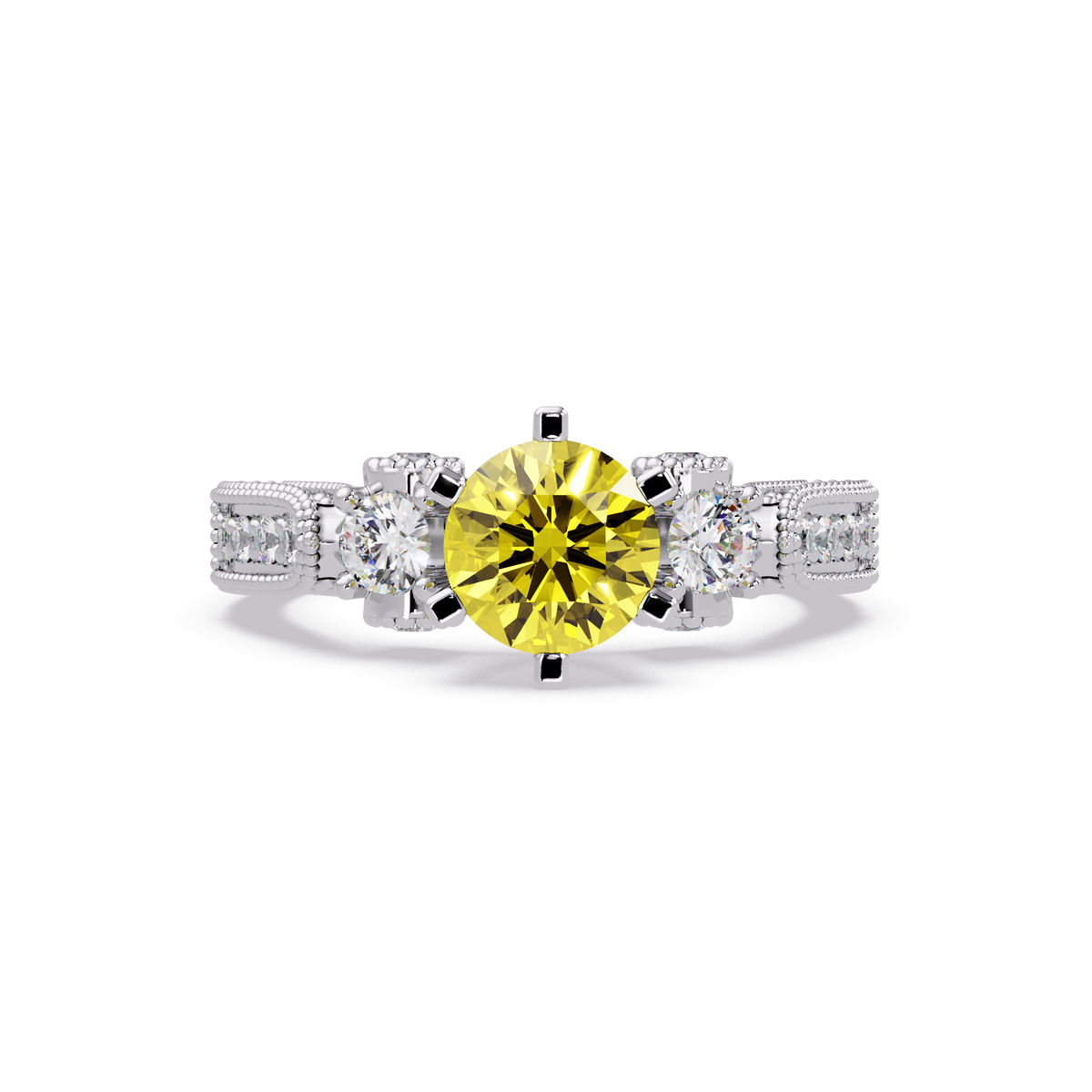 1.4 CTW Round Three-Stone Pavé Colorstone Ring with Citrine Yellow center in 14K White Gold – Lunéa Paris
