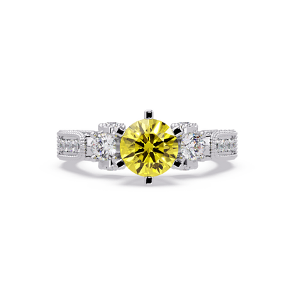 1.4 CTW Round Three-Stone Pavé Colorstone Ring with Citrine Yellow center in 14K White Gold – Lunéa Paris