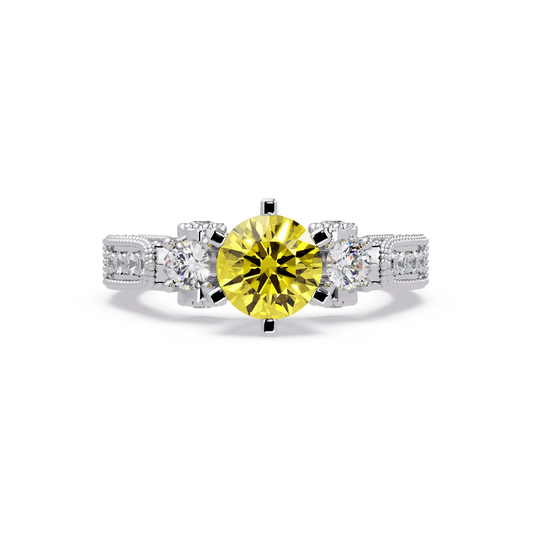 1.4 CTW Round Three-Stone Pavé Colorstone Ring with Citrine Yellow center in 14K White Gold – Lunéa Paris