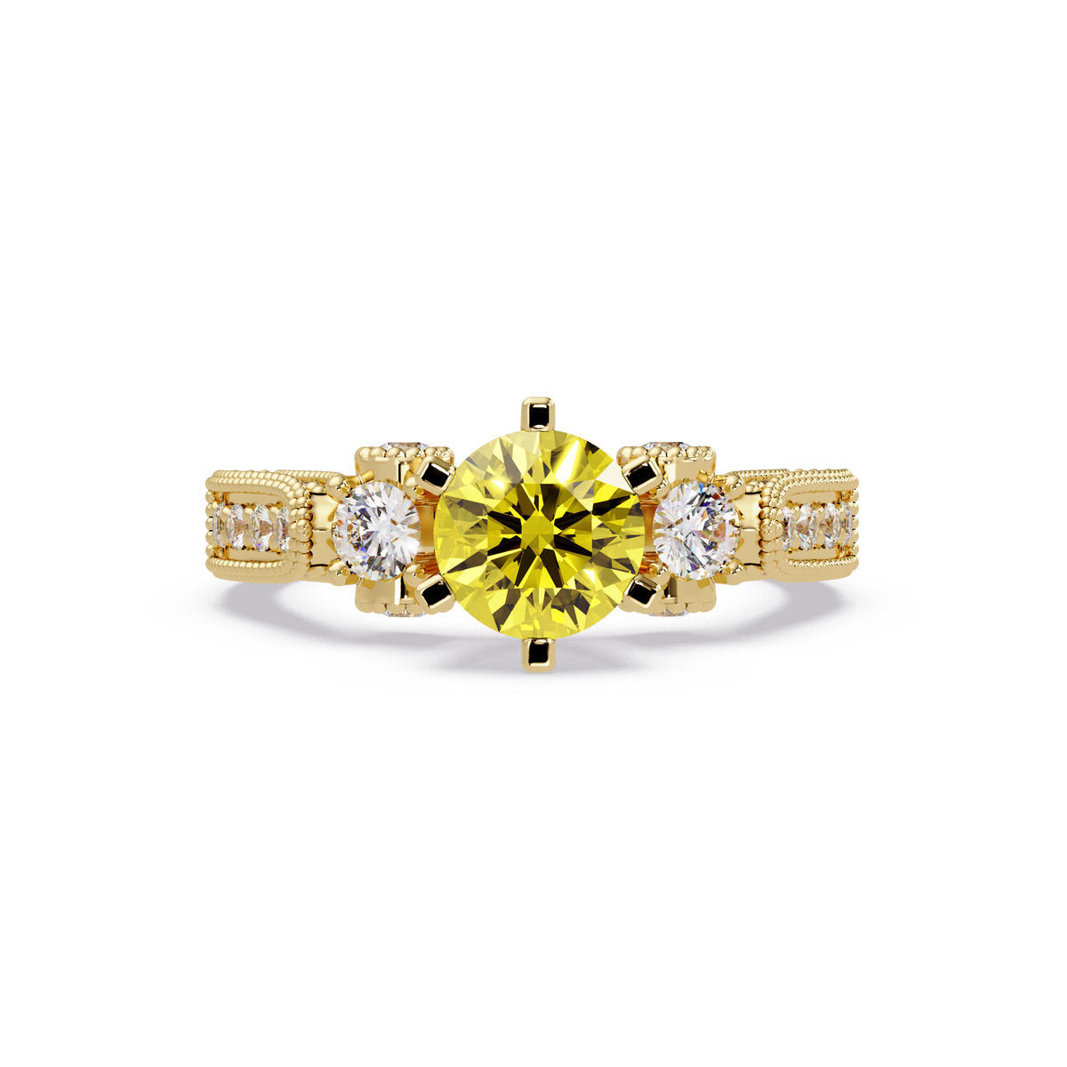 1.4 CTW Round Three-Stone Pavé Colorstone Ring with Citrine Yellow center in 14K Yellow Gold – Lunéa Paris