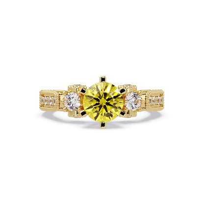 1.4 CTW Round Three-Stone Pavé Colorstone Ring with Citrine Yellow center in 14K Yellow Gold – Lunéa Paris