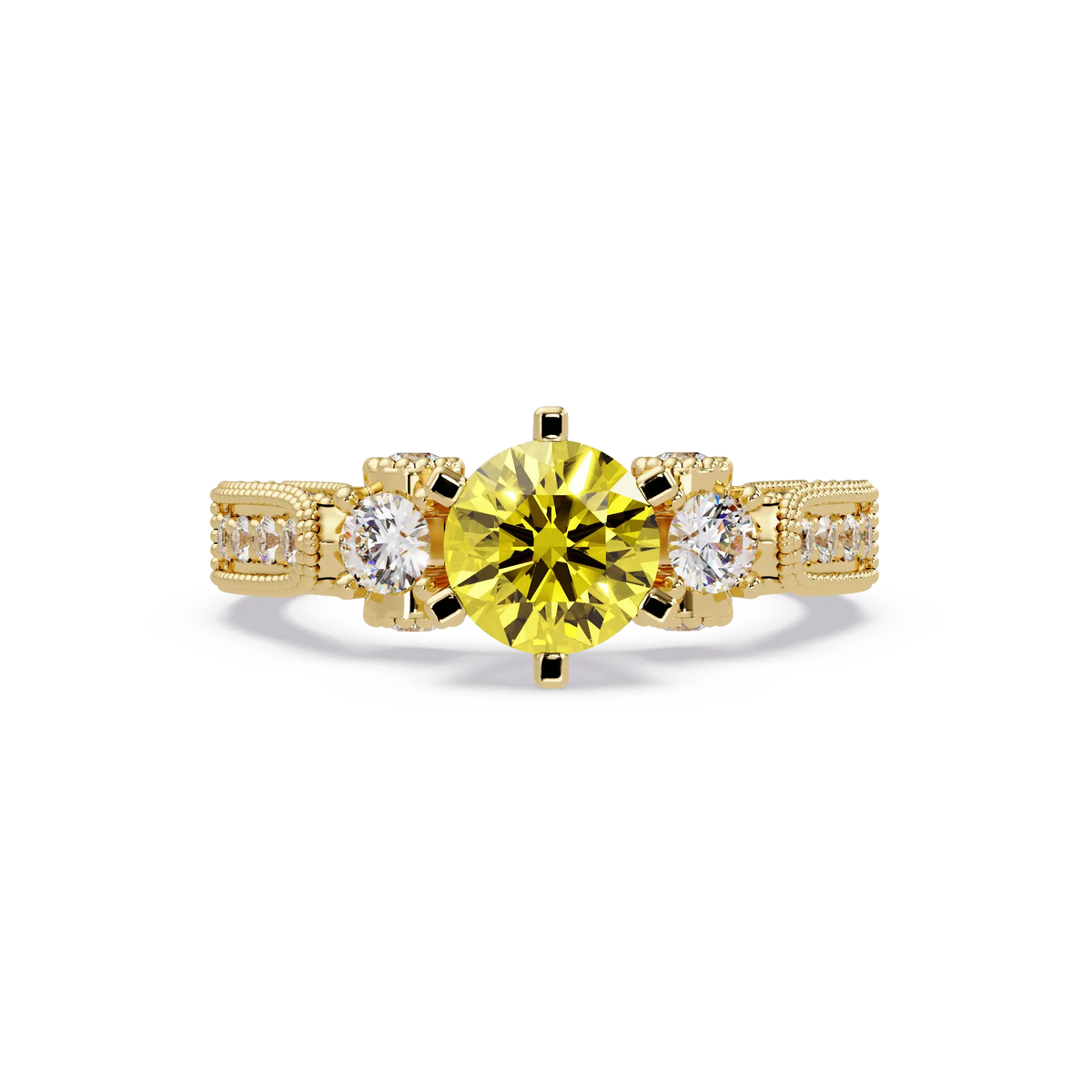 1.4 CTW Round Three-Stone Pavé Colorstone Ring with Citrine Yellow center in 14K Yellow Gold – Lunéa Paris