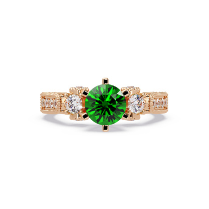 1.4 CTW Round Three-Stone Pavé Colorstone Ring with Emerald Green center in 14K Rose Gold – Lunéa Paris