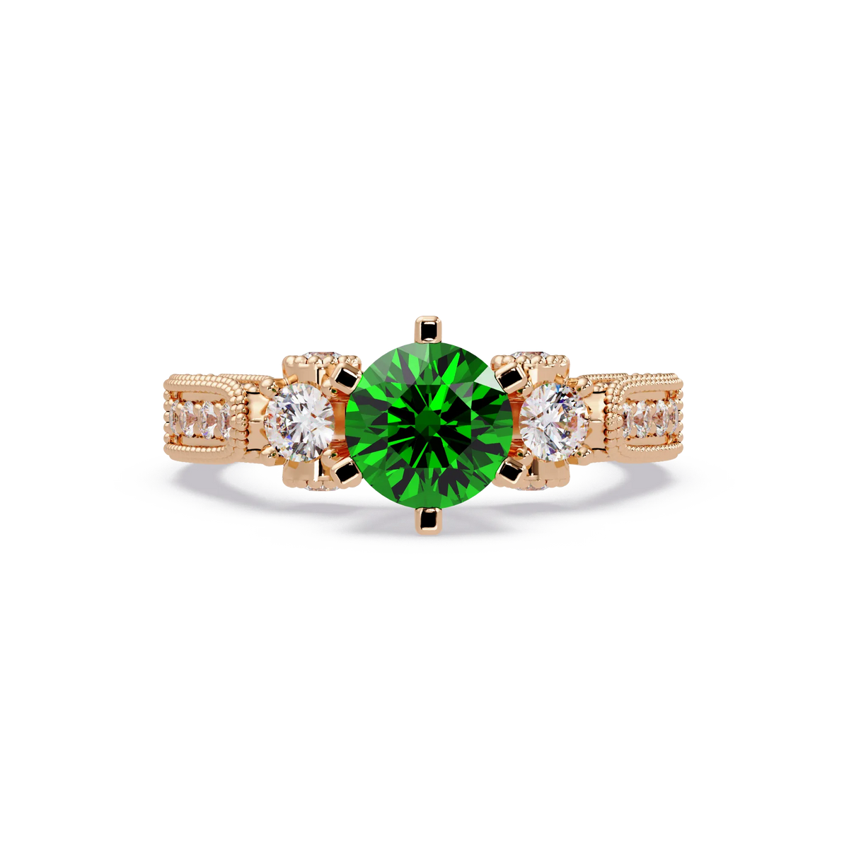 1.4 CTW Round Three-Stone Pavé Colorstone Ring with Emerald Green center in 14K Rose Gold – Lunéa Paris
