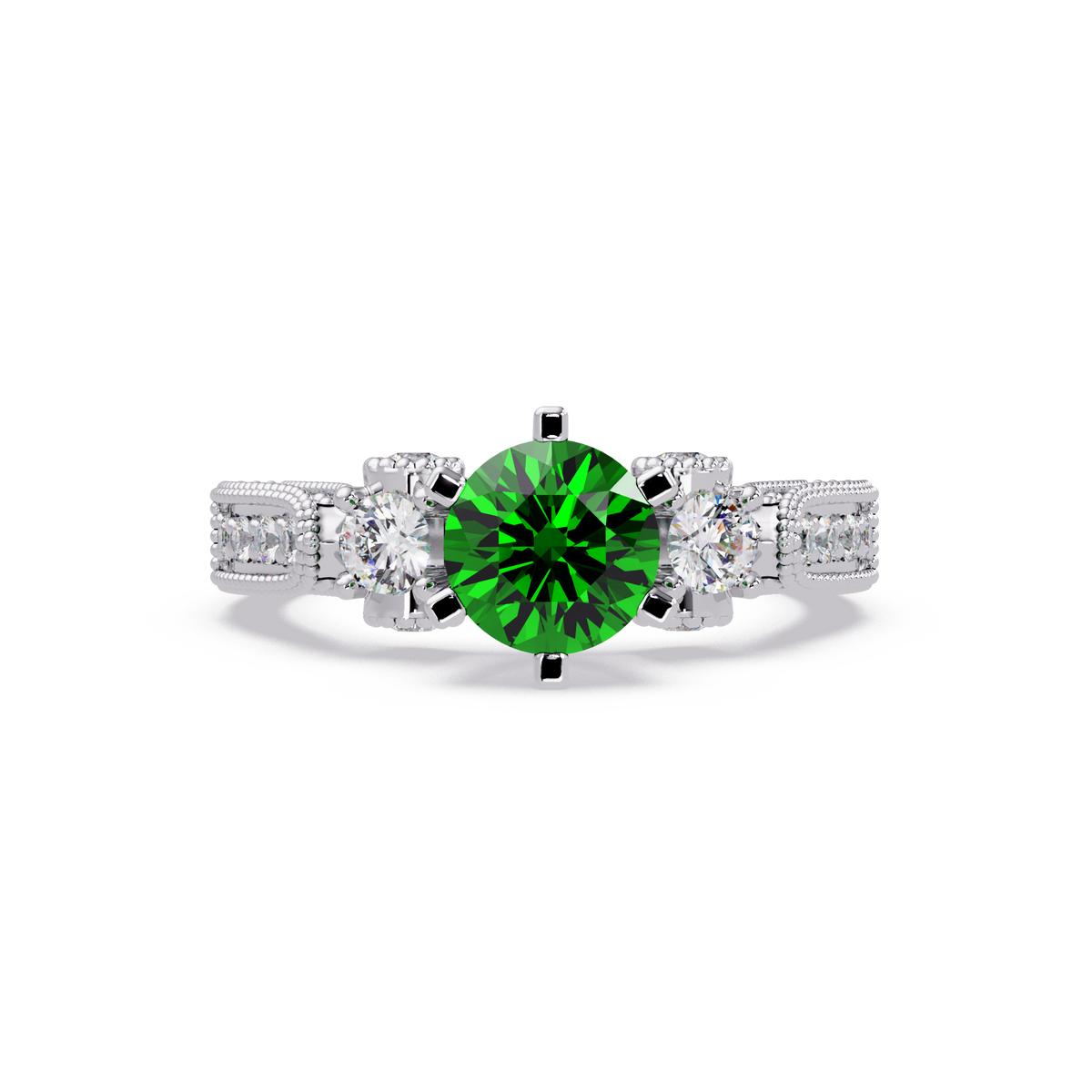 1.4 CTW Round Three-Stone Pavé Colorstone Ring with Emerald Green center in 14K White Gold – Lunéa Paris