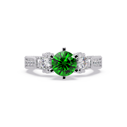 1.4 CTW Round Three-Stone Pavé Colorstone Ring with Emerald Green center in 14K White Gold – Lunéa Paris