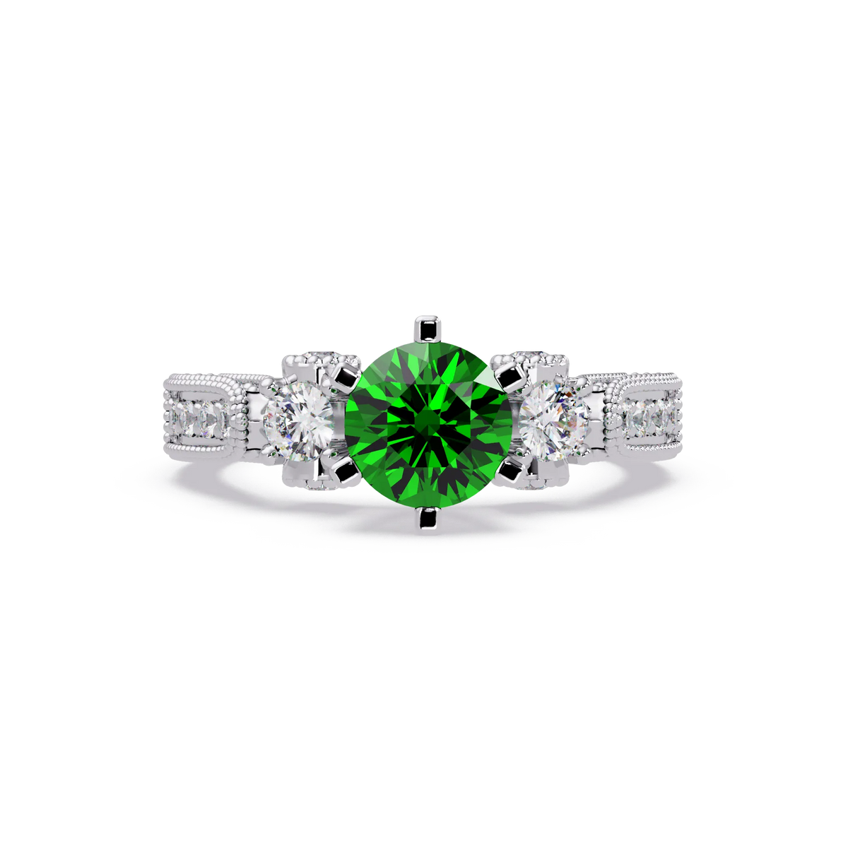 1.4 CTW Round Three-Stone Pavé Colorstone Ring with Emerald Green center in 14K White Gold – Lunéa Paris
