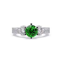 1.4 CTW Round Three-Stone Pavé Colorstone Ring with Emerald Green center in 14K White Gold – Lunéa Paris