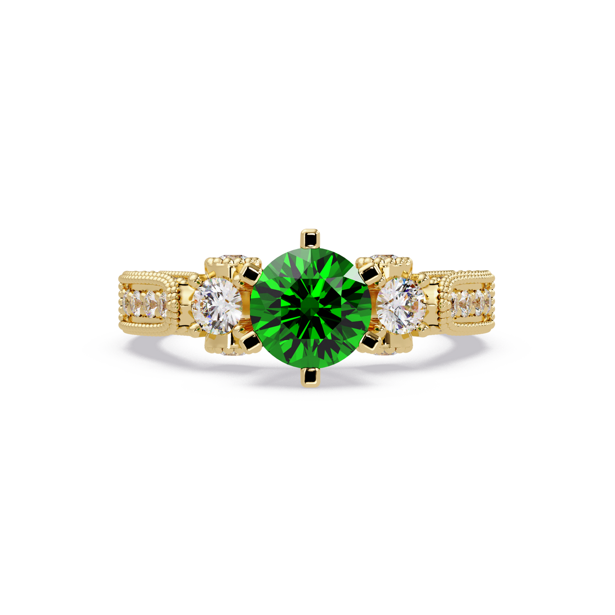 1.4 CTW Round Three-Stone Pavé Colorstone Ring with Emerald Green center in 14K Yellow Gold – Lunéa Paris