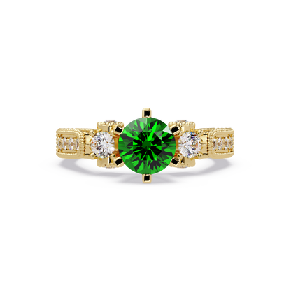 1.4 CTW Round Three-Stone Pavé Colorstone Ring with Emerald Green center in 14K Yellow Gold – Lunéa Paris