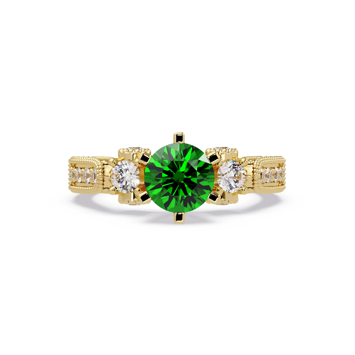 1.4 CTW Round Three-Stone Pavé Colorstone Ring with Emerald Green center in 14K Yellow Gold – Lunéa Paris