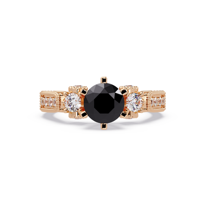1.4 CTW Round Three-Stone Pavé Colorstone Ring with Onyx center in 14K Rose Gold – Lunéa Paris