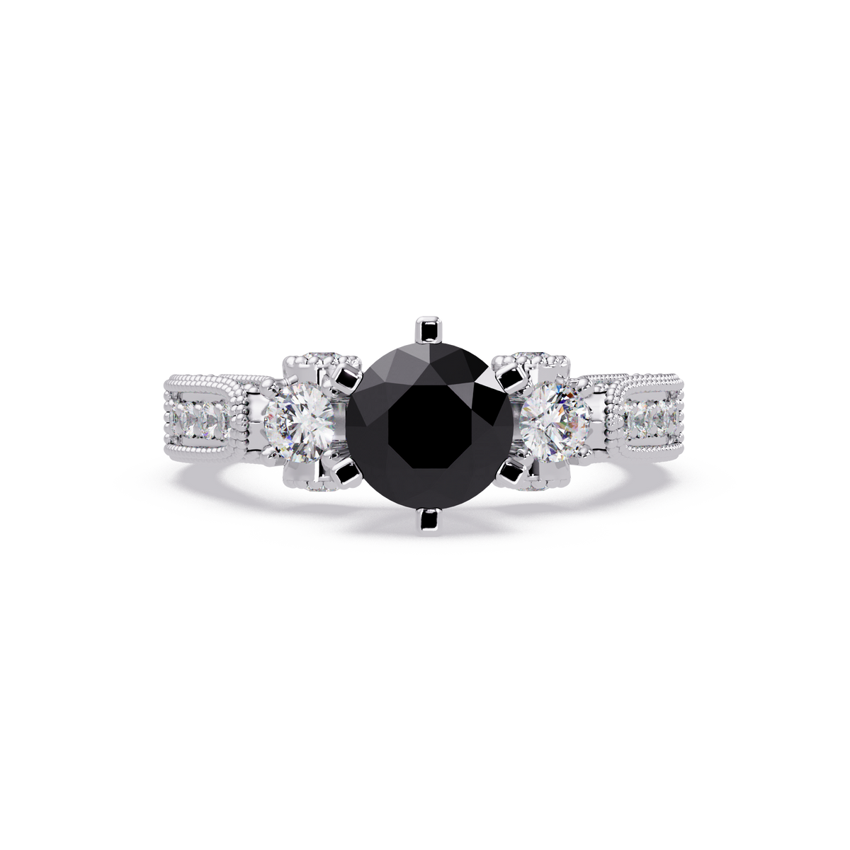 1.4 CTW Round Three-Stone Pavé Colorstone Ring with Onyx center in 14K White Gold – Lunéa Paris