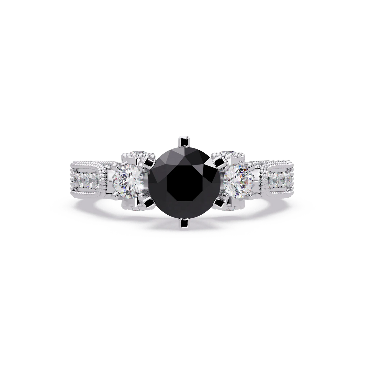 1.4 CTW Round Three-Stone Pavé Colorstone Ring with Onyx center in 14K White Gold – Lunéa Paris