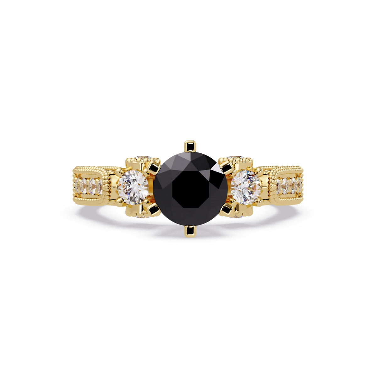 1.4 CTW Round Three-Stone Pavé Colorstone Ring with Onyx center in 14K Yellow Gold – Lunéa Paris