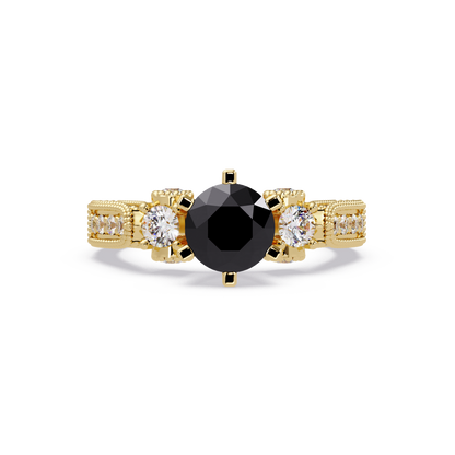 1.4 CTW Round Three-Stone Pavé Colorstone Ring with Onyx center in 14K Yellow Gold – Lunéa Paris