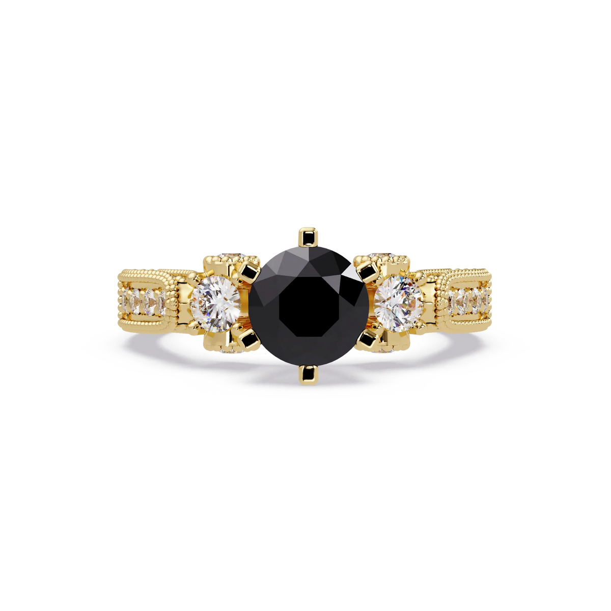 1.4 CTW Round Three-Stone Pavé Colorstone Ring with Onyx center in 14K Yellow Gold – Lunéa Paris