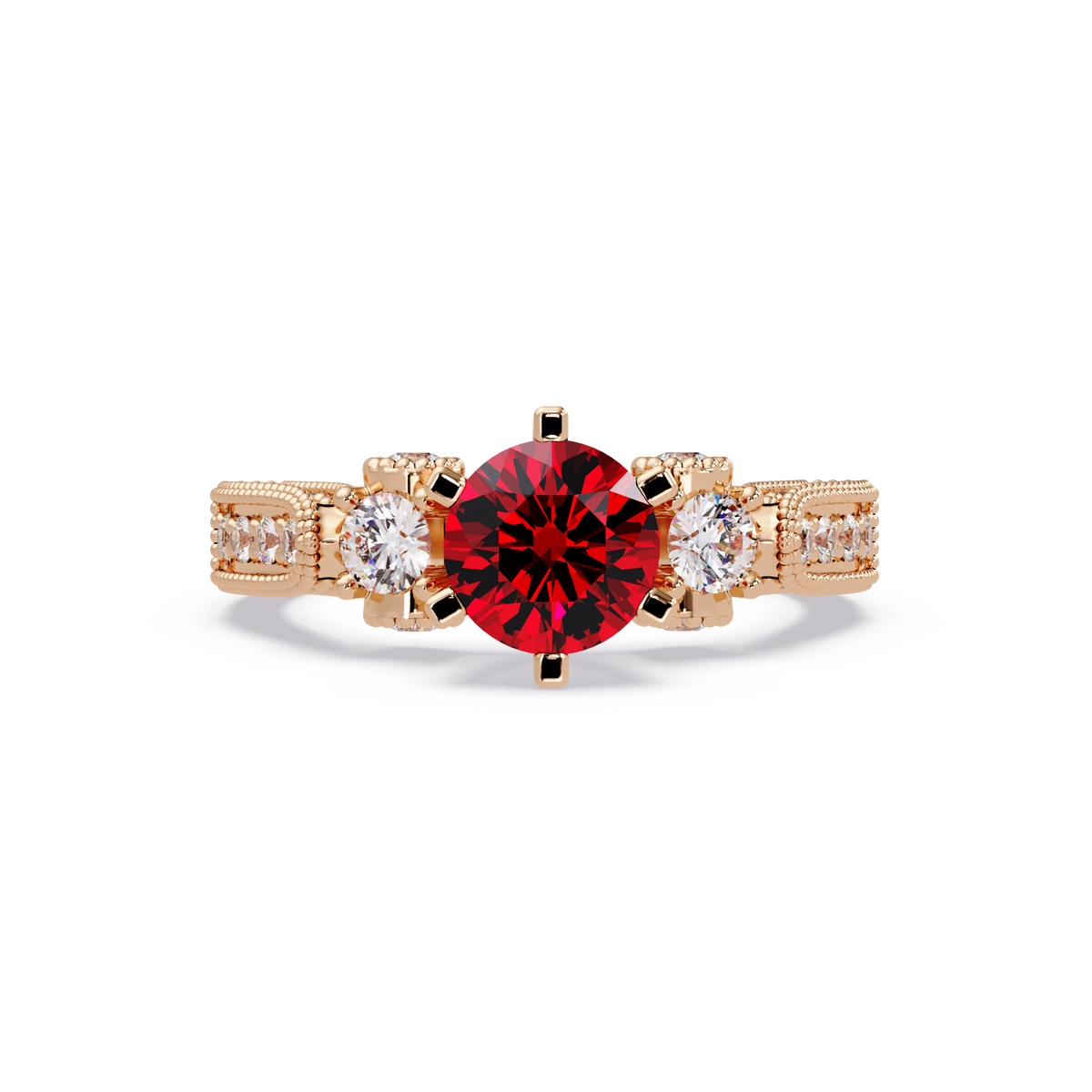 1.4 CTW Round Three-Stone Pavé Colorstone Ring with Ruby Red center in 14K Rose Gold – Lunéa Paris