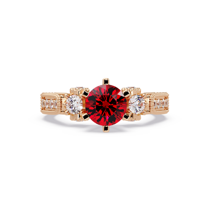 1.4 CTW Round Three-Stone Pavé Colorstone Ring with Ruby Red center in 14K Rose Gold – Lunéa Paris