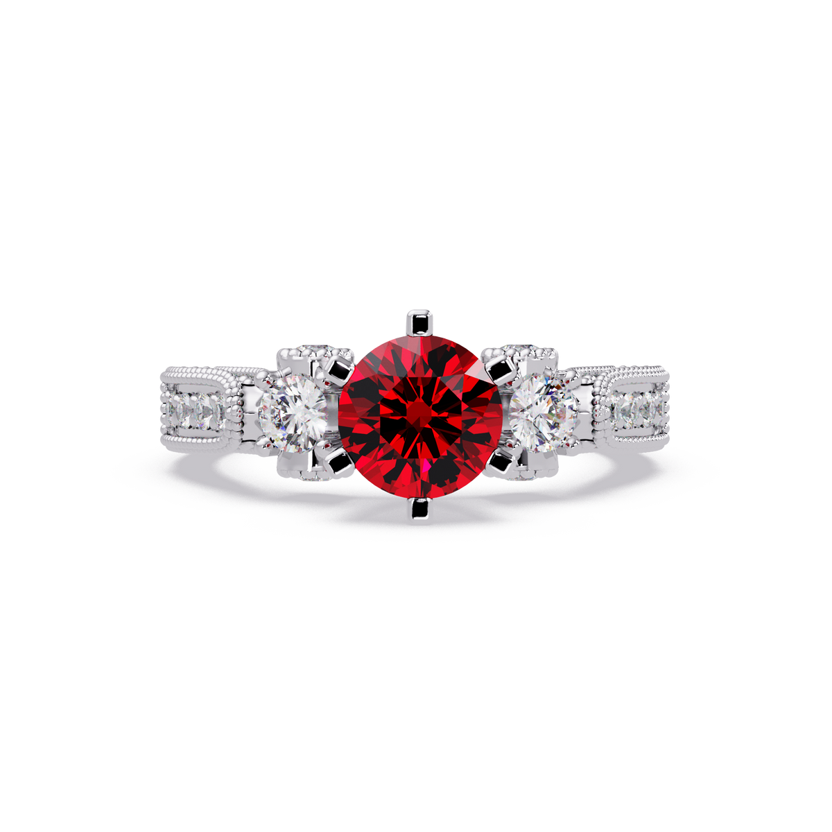 1.4 CTW Round Three-Stone Pavé Colorstone Ring with Ruby Red center in 14K White Gold – Lunéa Paris