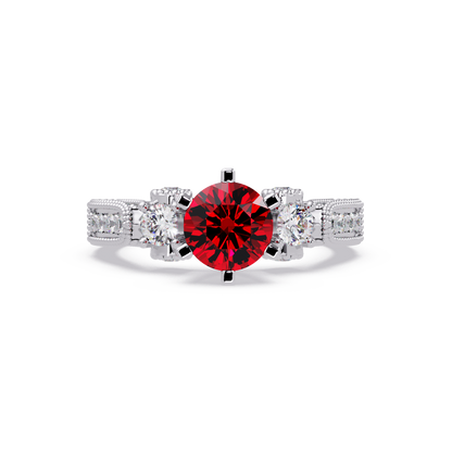 1.4 CTW Round Three-Stone Pavé Colorstone Ring with Ruby Red center in 14K White Gold – Lunéa Paris
