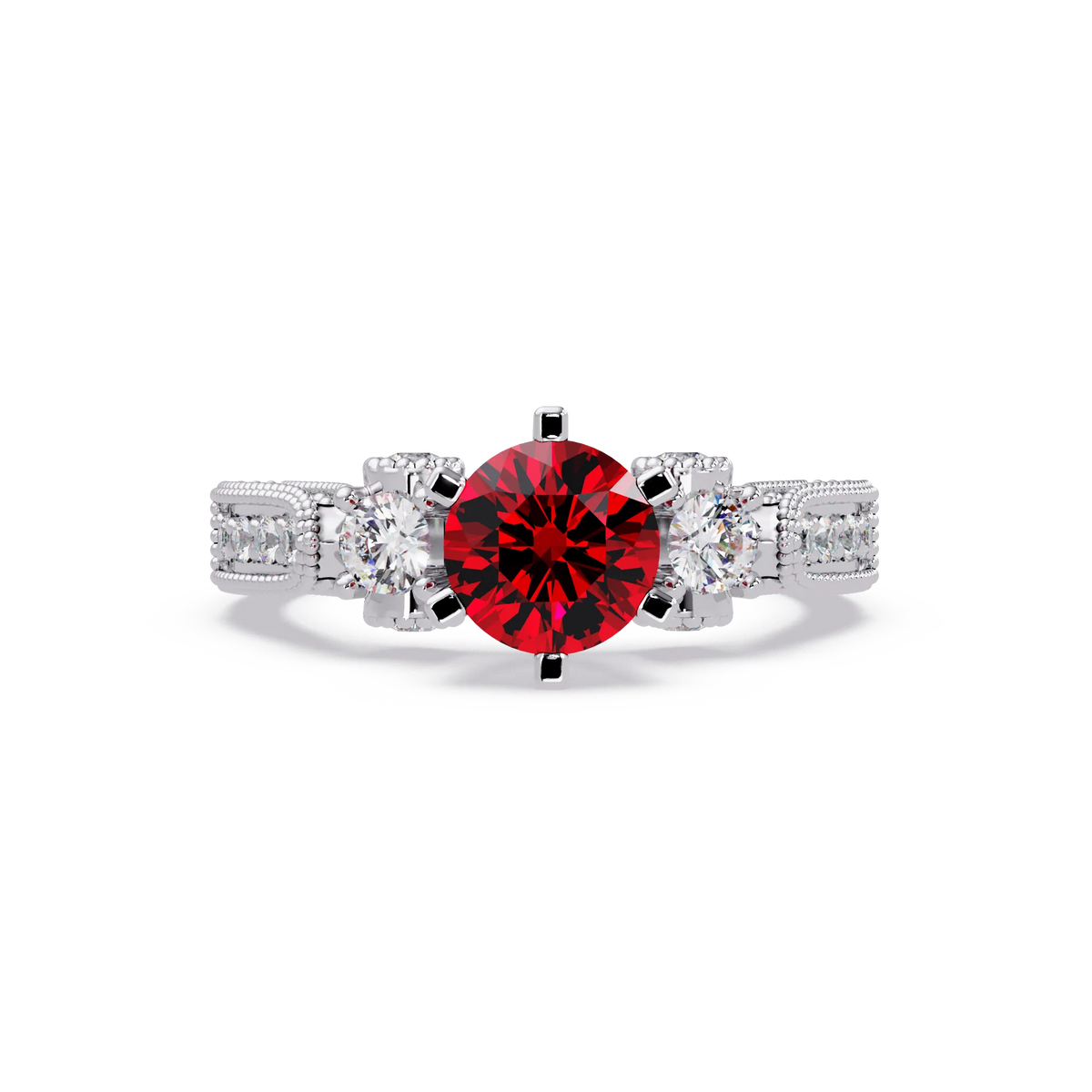 1.4 CTW Round Three-Stone Pavé Colorstone Ring with Ruby Red center in 14K White Gold – Lunéa Paris