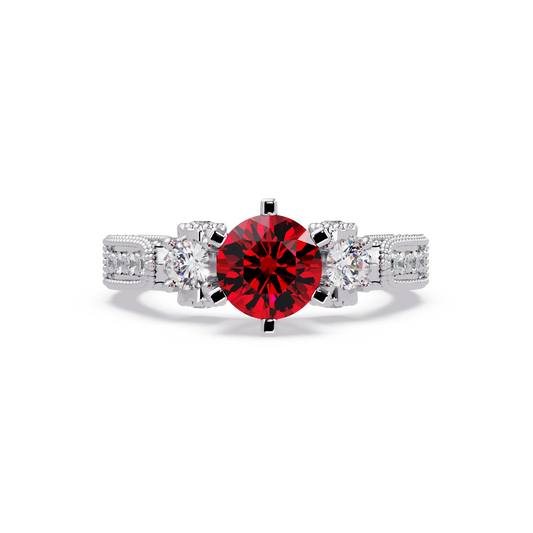 1.4 CTW Round Three-Stone Pavé Colorstone Ring with Ruby Red center in 14K White Gold – Lunéa Paris