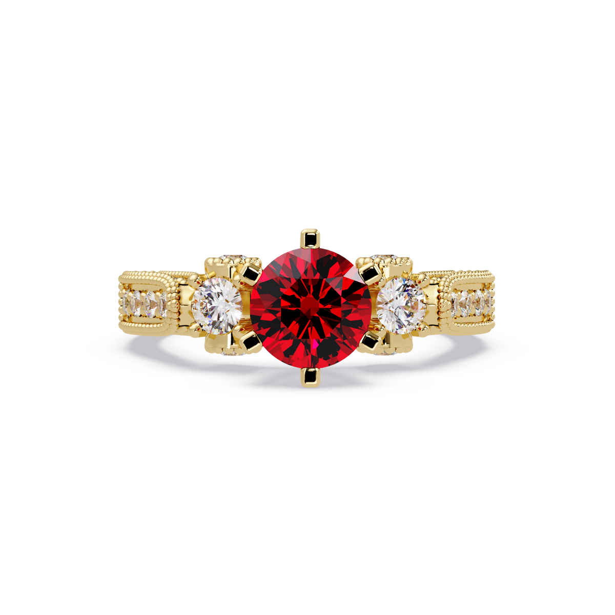 1.4 CTW Round Three-Stone Pavé Colorstone Ring with Ruby Red center in 14K Yellow Gold – Lunéa Paris
