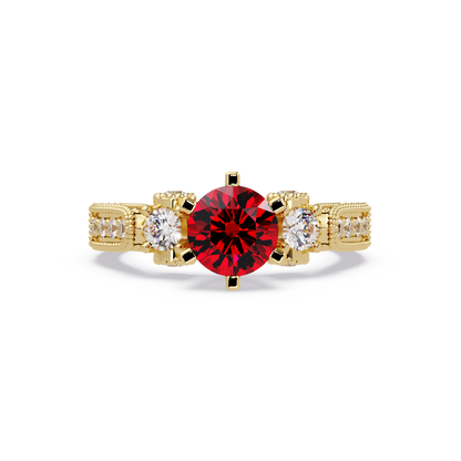 1.4 CTW Round Three-Stone Pavé Colorstone Ring with Ruby Red center in 14K Yellow Gold – Lunéa Paris