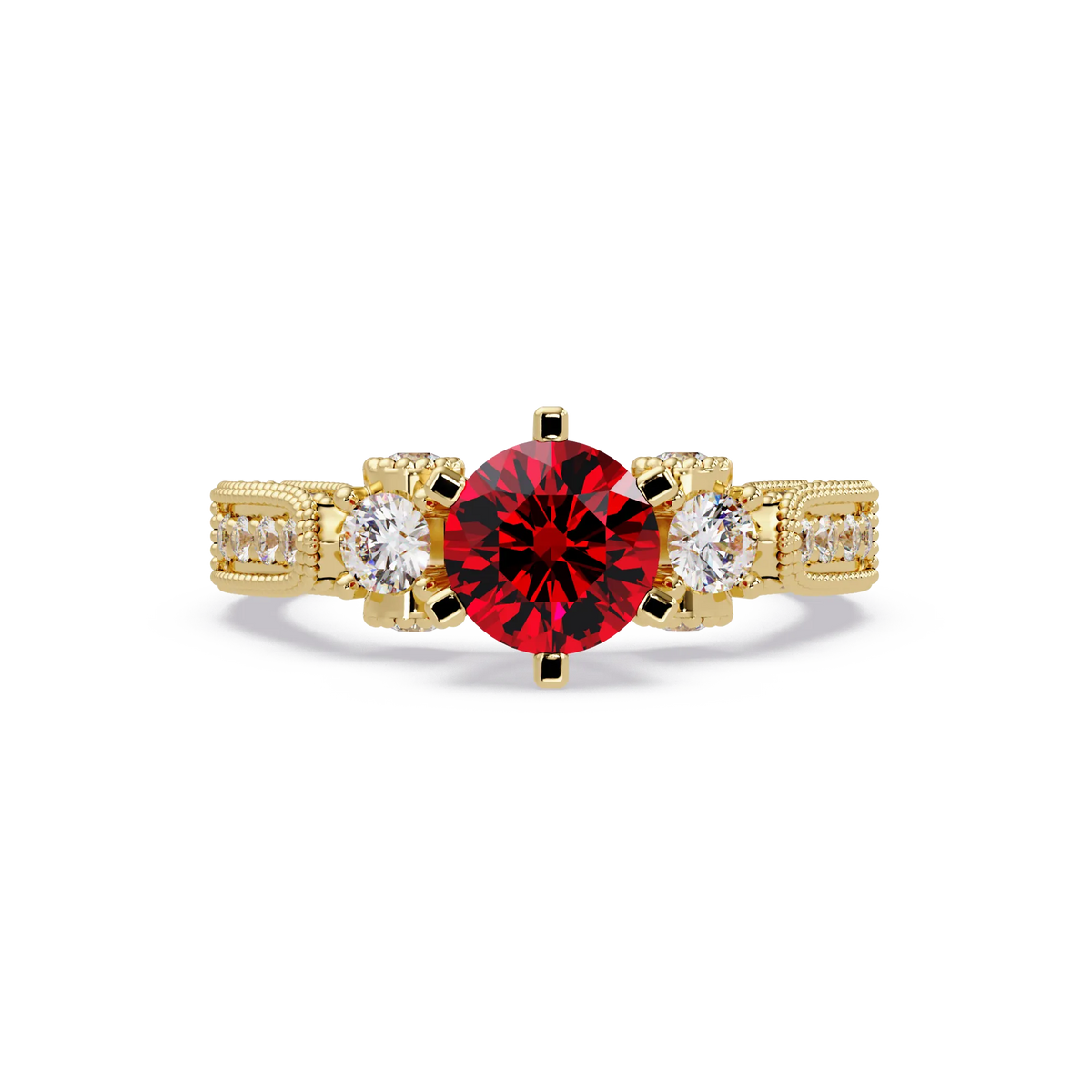 1.4 CTW Round Three-Stone Pavé Colorstone Ring with Ruby Red center in 14K Yellow Gold – Lunéa Paris