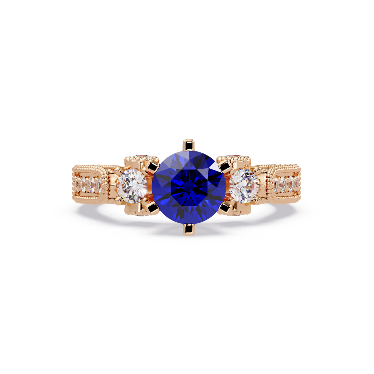 1.4 CTW Round Three-Stone Pavé Colorstone Ring with Sapphire Blue center in 14K Rose Gold – Lunéa Paris